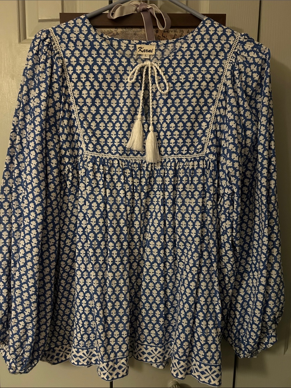 Karni Blue & White Printed Peasant Top with Tassel Tie